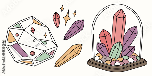 a glass dome with crystals and a broken crystal Vector