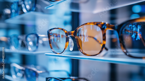 Stylish eyeglasses display in modern optical store with reflective lighting