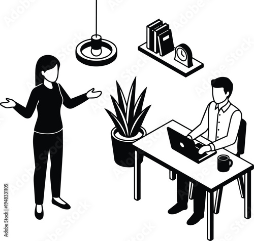 Isometric vector office scene woman gesturing while man types on laptop at desk with plant overhead pendant lamp shelf coffee cup