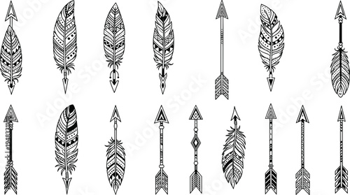 Hand drawn tribal arrow and feather collection, boho ethnic decorative arrows, native style line art symbols, vintage ornamental vector set for tattoo design