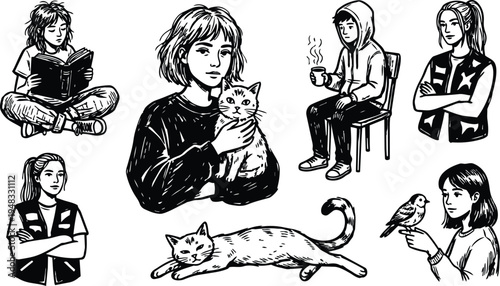 Line art close up girl holding cat with reclining cat and multiple character sketches including reader bird feeder seated figure