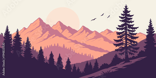 sunset over mountain range with trees and birds Vector