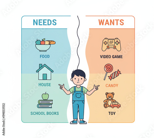 Understanding the Difference Between Needs and Wants with a Child and Icons Representing Both Concepts