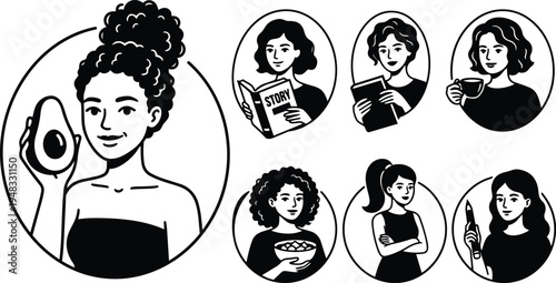 Line art vector icon set showing diverse women portraits holding avocado reading drinking and painting in circular badges minimal