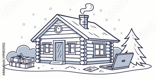a small log cabin in the snow with a laptop Vector