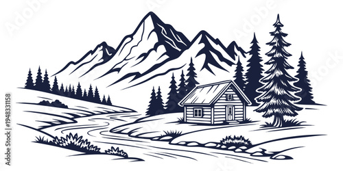 a small cabin in a snowy mountain landscape Vector