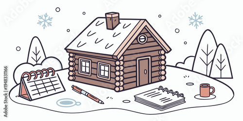 a small brown house with snow on the roof Vector