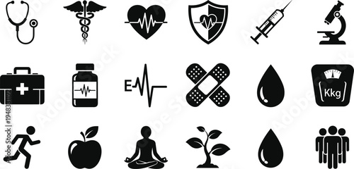 Medical and healthcare icons collection, hospital equipment, heart pulse, syringe, microscope, medicine bottle, fitness and wellness symbols set isolated vector illustration