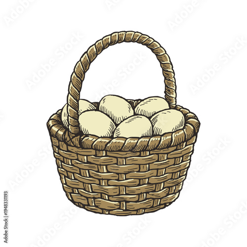 Farm Egg Basket in Wicker Style Vintage Engraving Vector