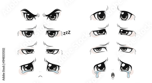 Collection of Expressive Anime Eyes Showing Various Emotions like Anger, Sadness, and Sleepiness