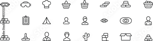 Camping and outdoor adventure line icon set, hiking travel symbols collection, nature exploration equipment outline vector illustration pack