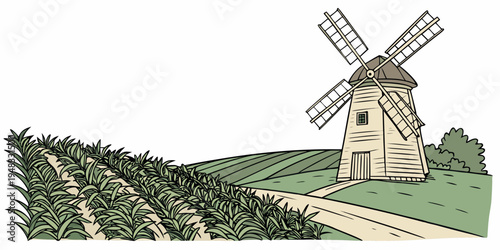 a windmill standing beside a lush vineyard Vector