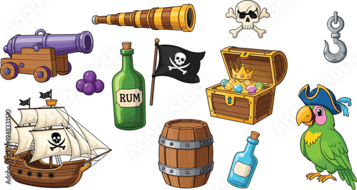 Pirate adventure objects collection with ship cannon treasure chest rum bottle parrot skull and flag vector illustration