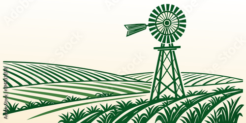 a green windmill in a field with rows of crops Vector