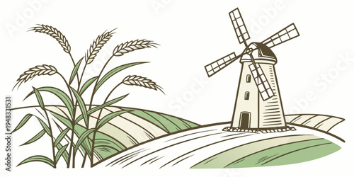 a small windmill on a green hill next to a wheat field Vector