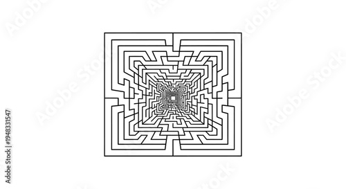 Abstract black and white maze design with a complex, receding labyrinth pattern creating an optical illusion of depth and intricate pathways.