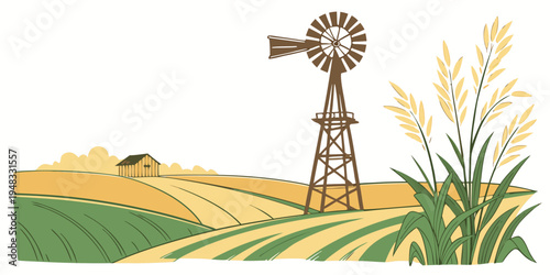 a windmill standing tall in a vast field of crops Vector