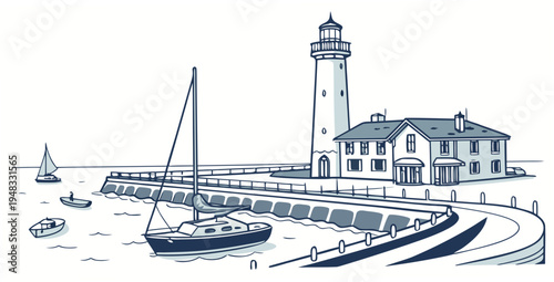 a blue and white drawing of a lighthouse with boats Vector