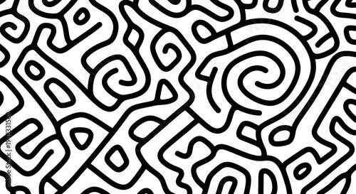 Abstract black and white seamless pattern with winding, interconnected lines creating a complex, maze-like design or doodle texture.