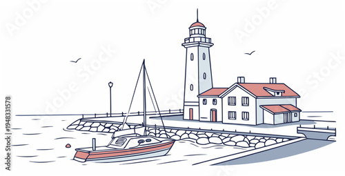 a lighthouse with a boat docked next to it by the sea Vector