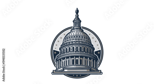 Detailed monochrome illustration of the United States Capitol Building dome within a circular emblem with stars, depicting a vintage architectural landmark.