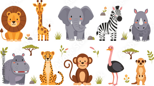 African Safari Animals Vector Illustration Set Featuring Lion, Giraffe, Elephant, Zebra, Rhino, Hippo, Cheetah, Monkey, Ostrich, and Meerkat for Wildlife Graphics.