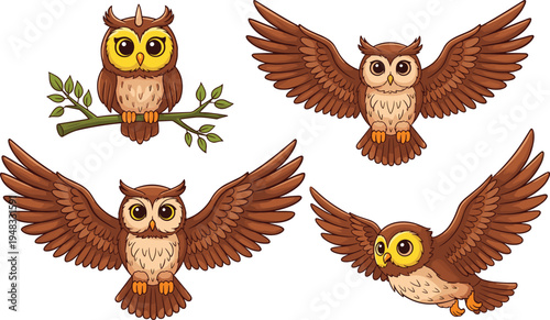 Cute owl characters set flying and sitting on branch nocturnal bird cartoon vector illustration collection