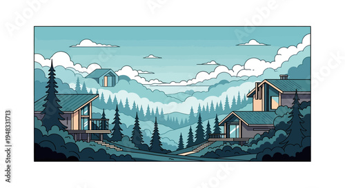 Serene modern homes nestled in a misty mountain forest landscape