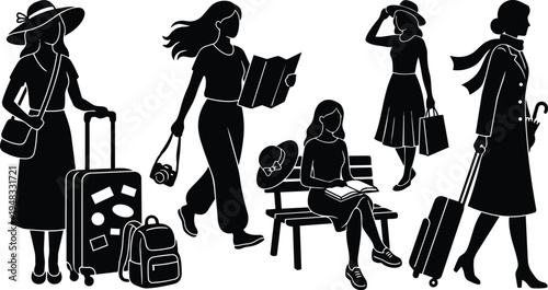 Silhouette vector flat travel scene with women carrying luggage reading map sitting on bench walking with camera and shopping bags