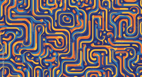 Abstract digital pattern with winding lines in blue, orange, and yellow, resembling a complex circuit board or intricate maze design.