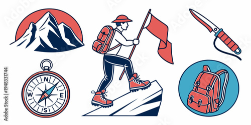 hiker with gear and accessories for mountain climbing Vector