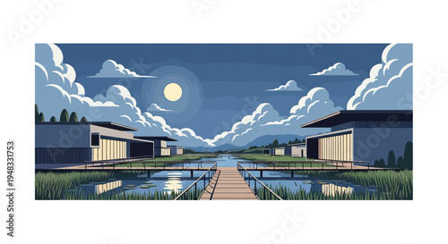 Modern structures flank a tranquil water channel under a moonlit, cloudy night sky