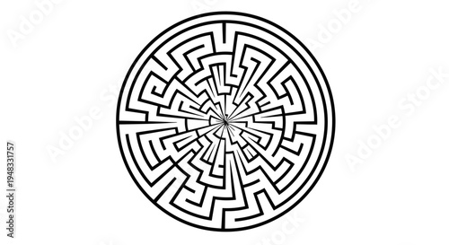 Intricate circular maze with a complex pattern of paths and walls on a white background.