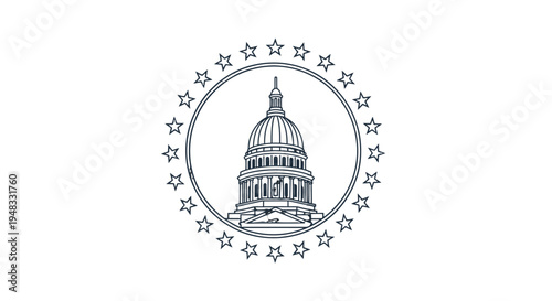 Line art illustration of the United States Capitol Building dome surrounded by a circle of stars on a white background, symbolizing government and democracy.
