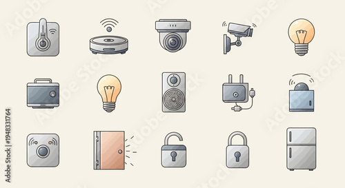 Collection of modern smart home devices and security icons