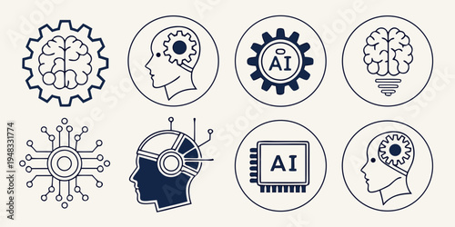 Eight blue and white icons representing artificial intelligence concepts Vector