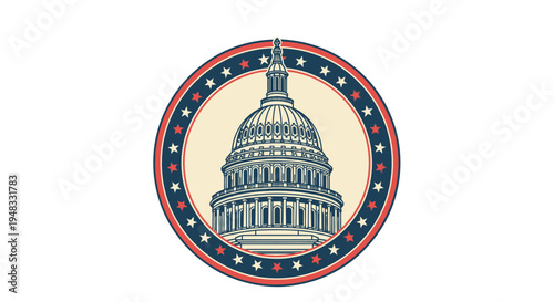 Detailed illustration of the United States Capitol Building dome within a patriotic circular emblem with stars and stripes.