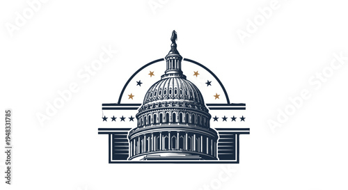 Detailed illustration of the United States Capitol building with a dome, columns, and a patriotic star banner design, rendered in an engraved style.