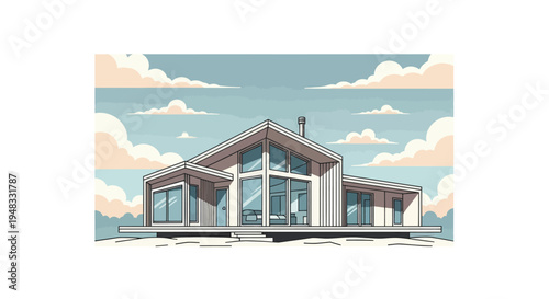 Modern angular house with large windows set against a backdrop of sky and clouds