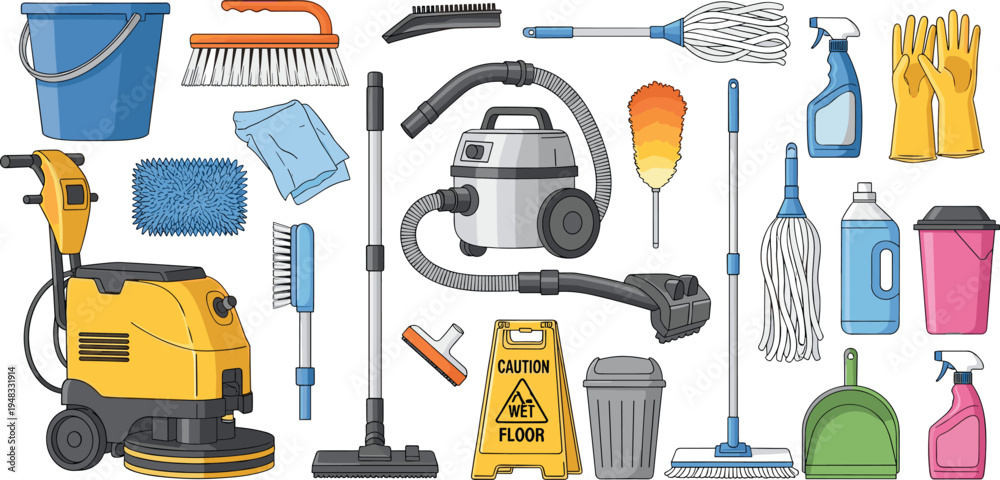 Ταπετσαρία Cleaning equipment collection with vacuum mop broom bucket gloves detergent and