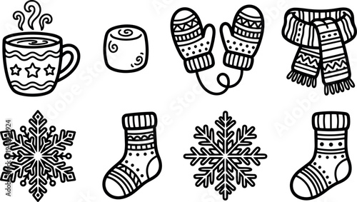 Black and white winter icons featuring steaming hot drink mittens scarf snowflakes and cozy socks line art vector set