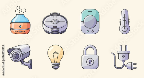 A collection of eight electronic home devices and accessories