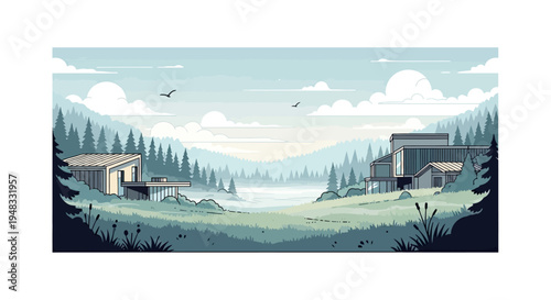 Modern houses nestled in a misty forest landscape