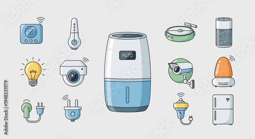 Collection of smart home devices including a humidifier, cameras, lightbulb, and appliances