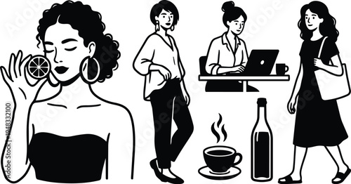 Minimalist line art close up woman holding citrus slice with hoop earrings women standing walking working at laptop coffee bottle