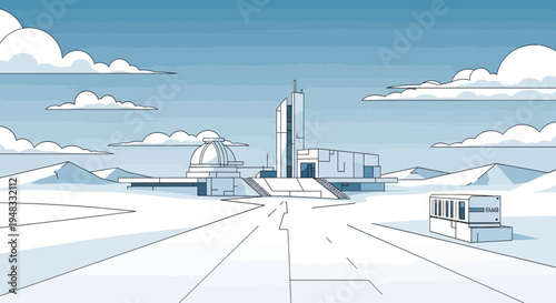 Futuristic observatory and modular buildings stand on a barren, snow-covered plain under a cloudy sky