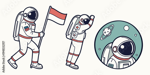 astronauts in spacesuits with a flag and in space Vector