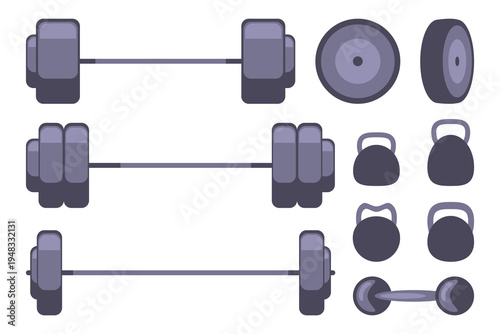 Gym and fitness equipment vector illustration set: barbells, kettlebells and dumbbells in flat style.