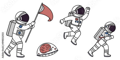 three astronauts in spacesuits on a planet Vector