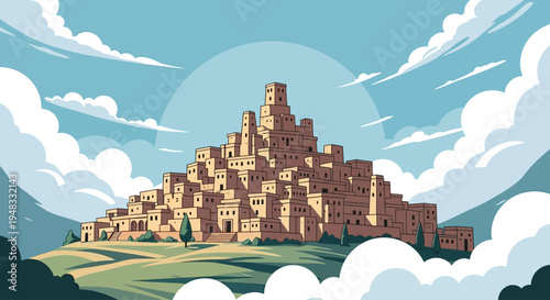 Ancient settlement built on a hill, under a cloudy sky with sun halo